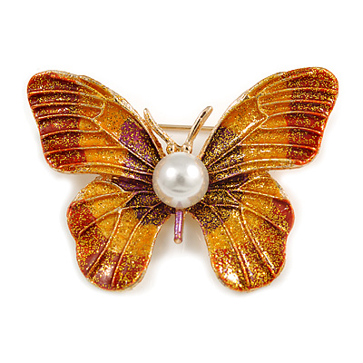 Red/ Yellow Glitter Butterfly Brooch In Gold Tone - 45mm Across - main view