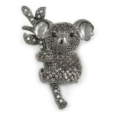 Grey/ Hematite Crystal Koala Bear Brooch In Black Tone Metal - 53mm Tall - main view