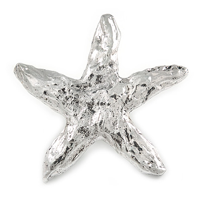 Ethnic Hammered Starfish Brooch In Silver Tone Metal - 70mm Across