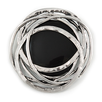 Large Ethnic Hammered 'Buckle' Brooch with Black Acrylic Disc - 70mm Diameter