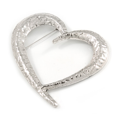 Large Ethnic Hammered Open Heart Brooch In Silver Tone Metal - 90mm Across - main view