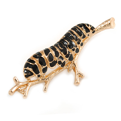 Quirky Black Enamel 'Caterpillar on The Branch' Brooch in Gold Tone - 48mm Across - main view