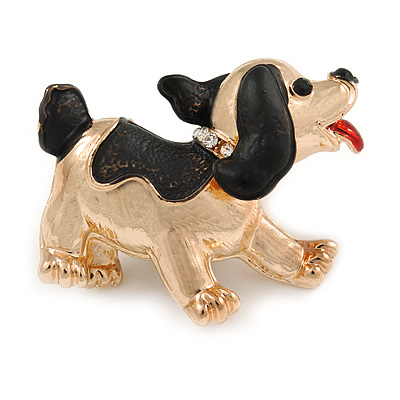 Happy Puppy Dog Brooch In Gold Tone Metal - 40mm Across - main view