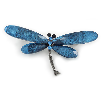Blue Acrylic Dragonfly Brooch In Gun Metal Finish - 70mm Across - main view