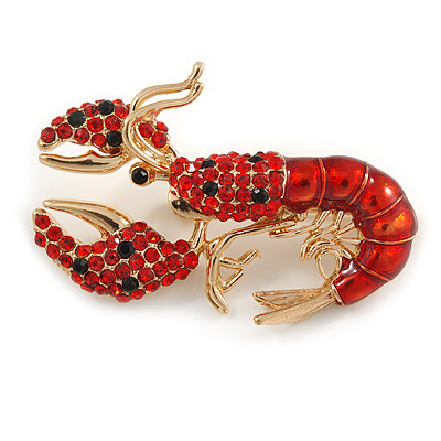 Black/ Red Crystal, Red Enamel Lobster Brooch in Gold Tone - 50mm Across - main view