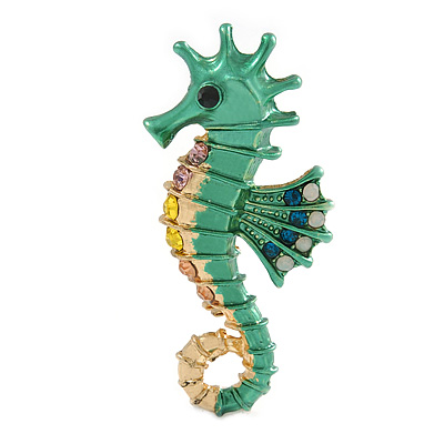 Bright Green/ Gold Enamel Crystal Seahorse Brooch/ Pendant in Gold Tone Metal - 50mm Tall - main view