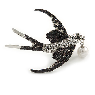 Stunning Black/ Clear Crystal Swallow/ Swift Brooch In Silver Tone - 50mm Across - main view