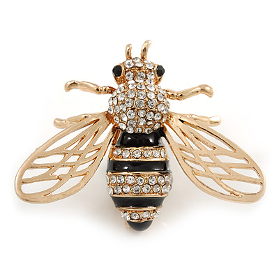 Gold Plated Clear Crystal, Black Enamel Bee Brooch - 40mm Across - main view