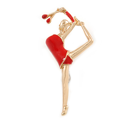 Gold Tone Red Enamel Rhythmic Gymnast with Clubs Brooch - 50mm Tall - main view