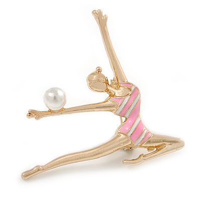 Gold Tone Pink/ White Enamel Rhythmic Gymnast with Pearl Bead Ball Brooch - 40mm Tall