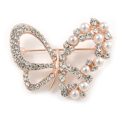Exquisite Crystal, Faux Pearl Bead Butterfly Brooch In Rose Gold Metal - 40mm Across - main view