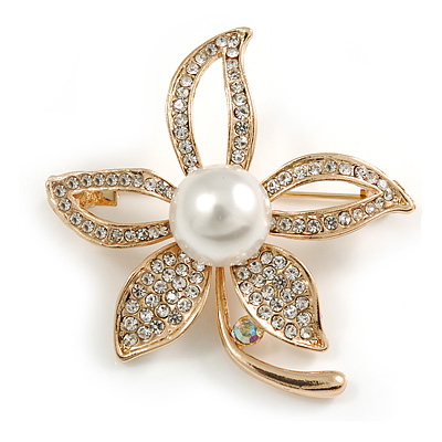 Gold Clear Crystals, White Glass Pearl Flower Brooch - 46mm Tall