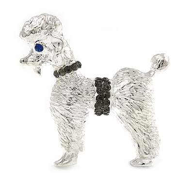 Silver Tone Textured Grey Crystal Poodle Dog Brooch - 35mm Across - main view