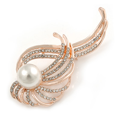 Fancy Crystal Glass Faux Pearl Feather Brooch In Light Gold Tone Metal - 63mm Across