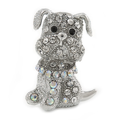 Small Clear/ Ab Crystal Bulldog Dog Brooch In Silver Tone - 30mm Tall - main view