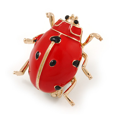 Red/ Black Enamel Ladybug Brooch In Gold Tone Metal - 30mm Tall - main view