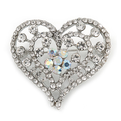 Clear/ Ab Crystal Heart Brooch In Silver Tone - 35mm Tall - main view