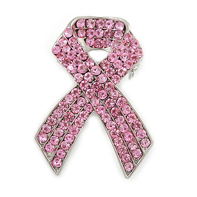 Pink Crystal Breast Cancer Awareness Ribbon Lapel Pin In Rhodium Plating - 50mm Tall