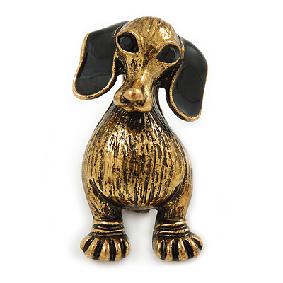 Vintage Inspired Dachshund Dog Brooch In Antique Gold Tone - 33mm Tall - main view