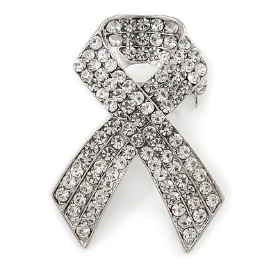 Clear Crystal Breast Cancer Awareness Ribbon Lapel Pin In Rhodium Plating - 50mm Tall