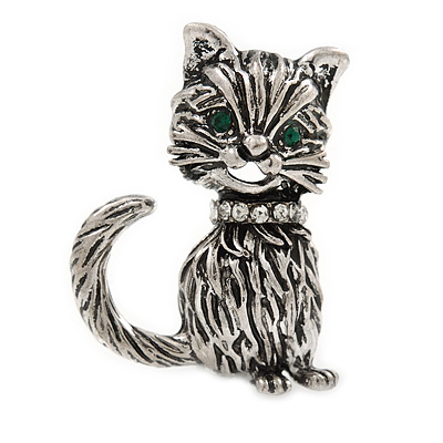 Small Vintage Inspired Kitten Brooch In Antique Silver Tone Metal - 32mm Tall - main view