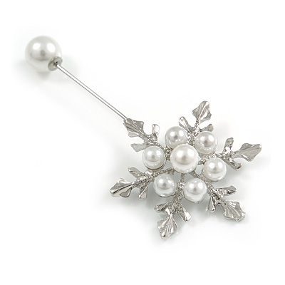 Silver Tone Clear Crystal White Glass Pearl Snowflake Hat, Suit, Tuxedo, Collar, Scarf, Coat Stick Brooch Pin - 85mm L - main view
