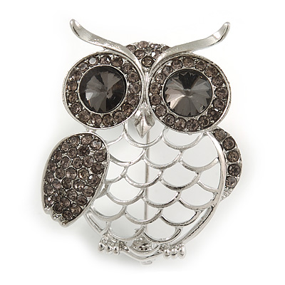 Grey Crystal Owl Brooch In Silver Tone Metal - 43mm Tall - main view