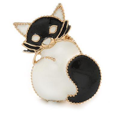 Black/ White Enamel Cat Brooch/ Pendant In Gold Tone - 35mm Tall - main view