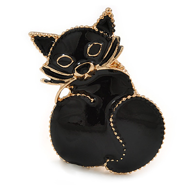 Black Enamel Cat Brooch/ Pendant In Gold Tone - 35mm Tall