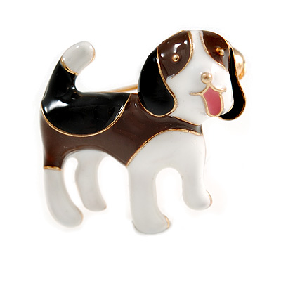 Brown/ Black/ White Enamel Beagle Puppy Dog Brooch In Gold Tone - 30mm Across - main view