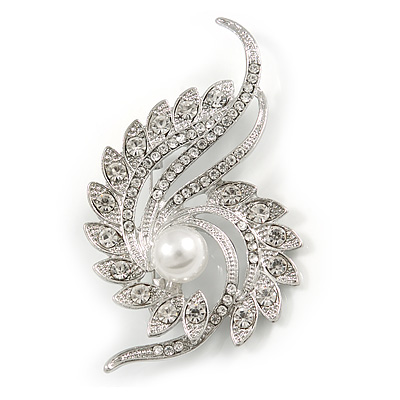 Clear Crystal Faux White Pearl Fancy Floral Brooch In Silver Tone - 67mm Tall