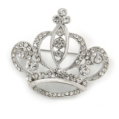Clear Crystal Crown Brooch In Silver Tone - 40mm Across - main view