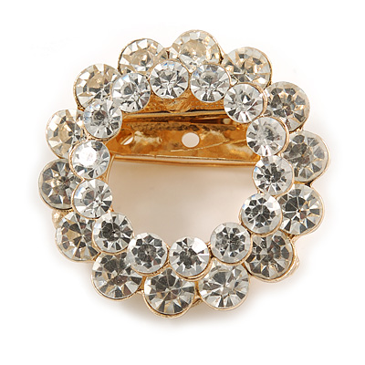 Clear Crystal Round Scarf Brooch In Gold Tone Metal - 40mm D - main view