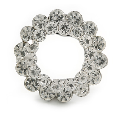 Clear Crystal Round Scarf Brooch In Silver Tone Metal - 40mm D - main view