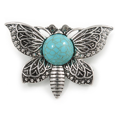Vintage Inspired Butterfly Brooch with Simulated Turquoise Stone In Aged Silver Tone - 55mm Across - main view