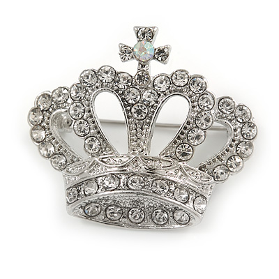 Clear Crystal Crown Brooch In Silver Tone - 35mm Across - main view
