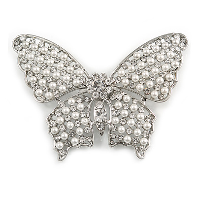Large Faux Glass Pearl, Clear Crystal Butterfly Brooch In Rhodium Plating - 70mm Across - main view