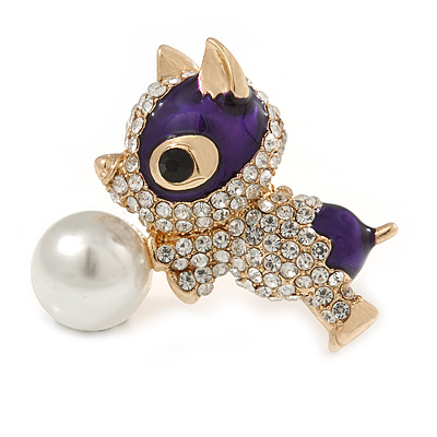 Cute Crystal, Purple Enamel Puppy Dog Brooch In Gold Tone Metal - 35mm Across - main view