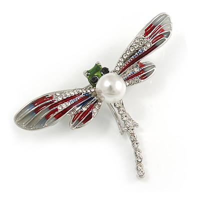 Red/ Grey Enamel Clear Crystal, Faux Pearl Dragonfly Brooch In Silver Tone Metal - 50mm Across - main view