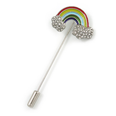 Silver Tone Clear Crystal Enamel Rainbow Lapel, Hat, Suit, Tuxedo, Collar, Scarf, Coat Stick Brooch Pin - 60mm L - main view