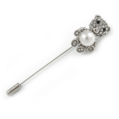 Silver Tone Clear Crystal, Faux Glass Pearl Bear Lapel, Hat, Suit, Tuxedo, Collar, Scarf, Coat Stick Brooch Pin - 60mm L - main view