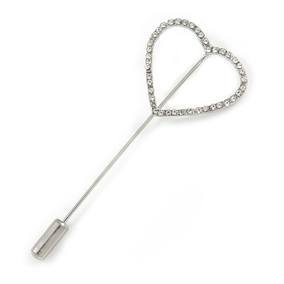 Silver Tone Clear Crystal Open Heart Lapel, Hat, Suit, Tuxedo, Collar, Scarf, Coat Stick Brooch Pin - 65mm L - main view