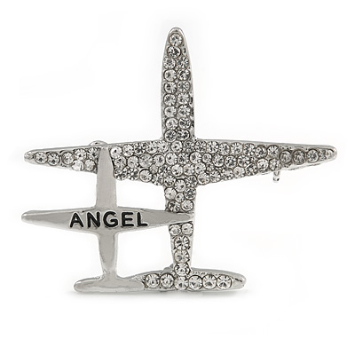 Double Aeroplane 'Angel' Clear Crystal Brooch In Silver Tone Metal - 45mm Across - main view