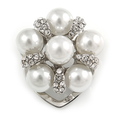 Diamante Faux Pearl Flower Scarf Pin/ Brooch In Silver Tone - 30mm D - main view