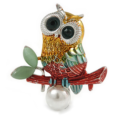Multicoloured Owl Brooch In Silver Tone - 40mm Tall - main view