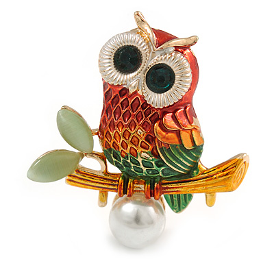 Multicoloured Owl  Brooch In Gold Tone - 40mm Tall - main view