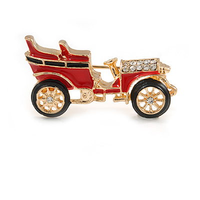 Small Vintage Retro Classic 1920's 30's Red/ Black Enamel Car Brooch In Gold Tone Metal - 35mm Across - main view