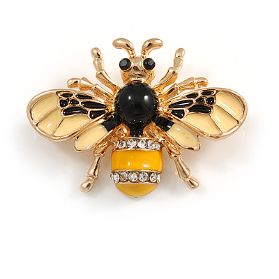 Adorable Black/ Yellow Enamel Crystal Bee Brooch In Gold Tone - 35mm Across - main view