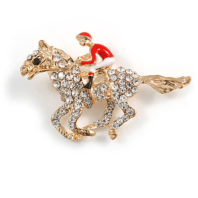 Crystal Racing Horse and Jockey Brooch In Gold Tone Metal - 48mm Across - main view