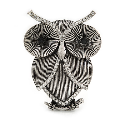 Vintage Inspired Crystal Textured Owl Brooch In Aged Silver Tone - 50mm Tall - main view
